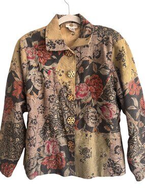 Sandy Starkman Patchwork Floral Jacket L Embellished Silk Boho Button Front